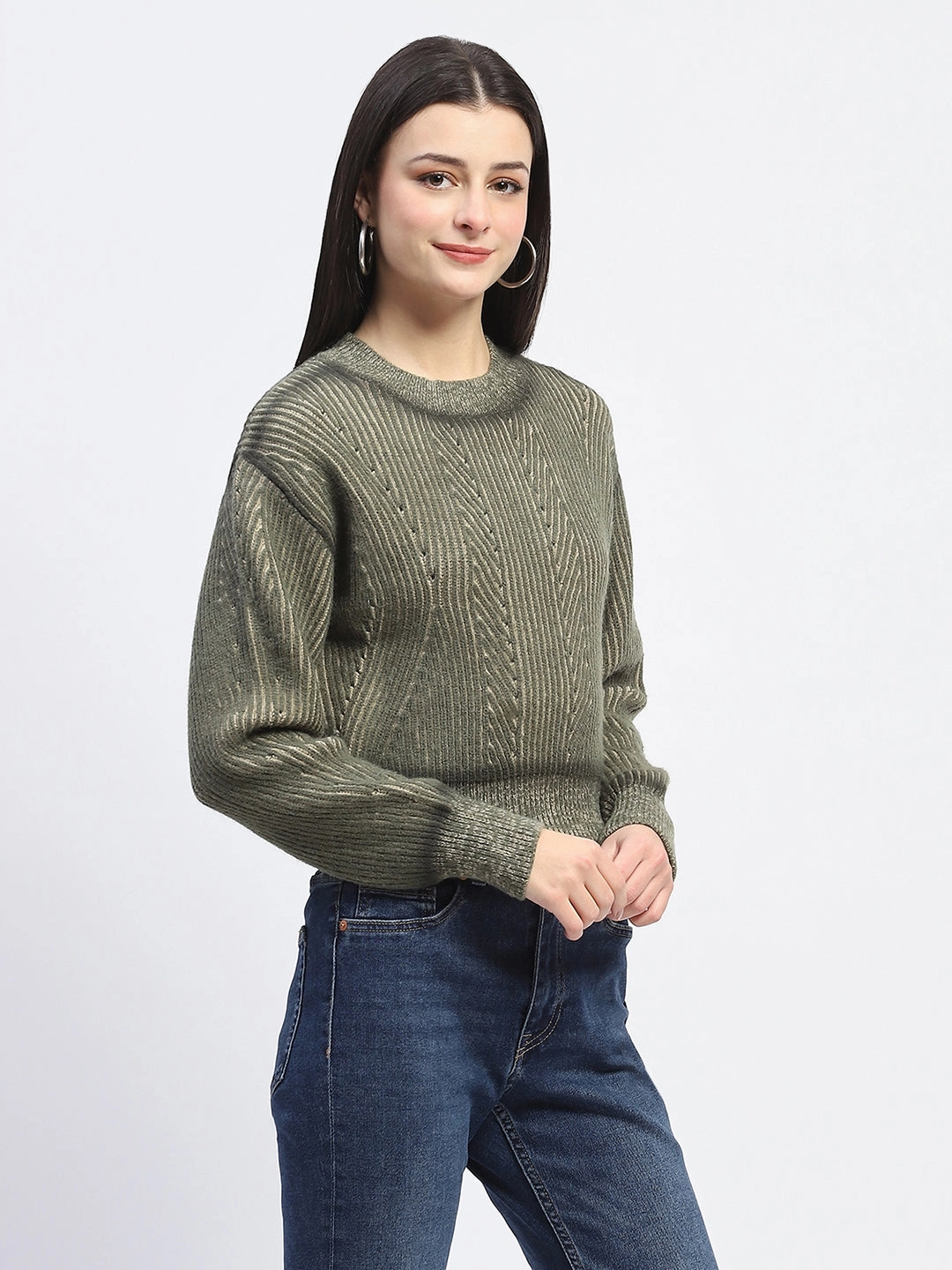 Seasonal Must-Have Winter Apparel Madame Geometric Print Ribbed Cuffs Green Sweater