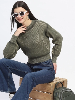 Madame Geometric Print Ribbed Cuffs Green Sweater Relaxed Wearable