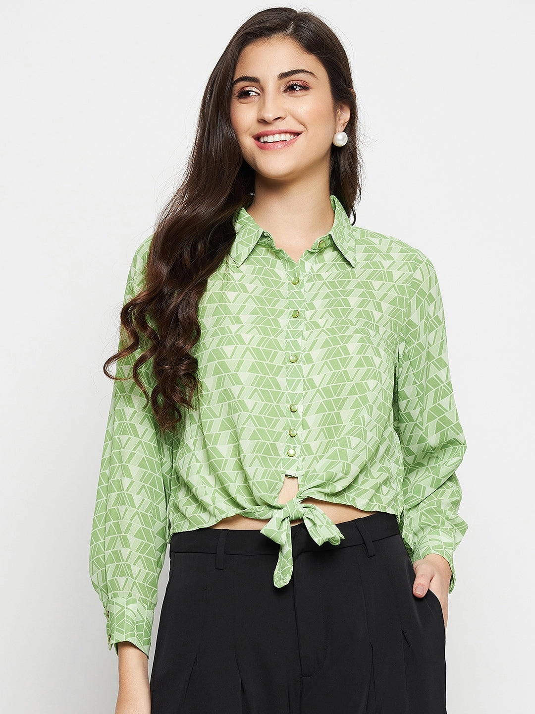 Winter Fashion Unique Design Madame Geometric Print Tie Front Green Shirt