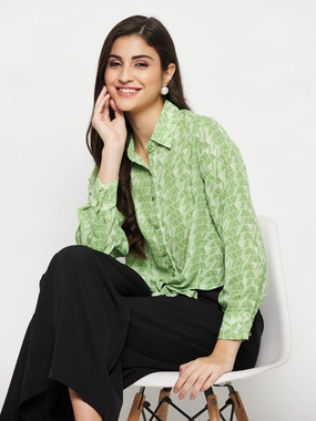 Madame Geometric Print Tie Front Green Shirt Chic Option