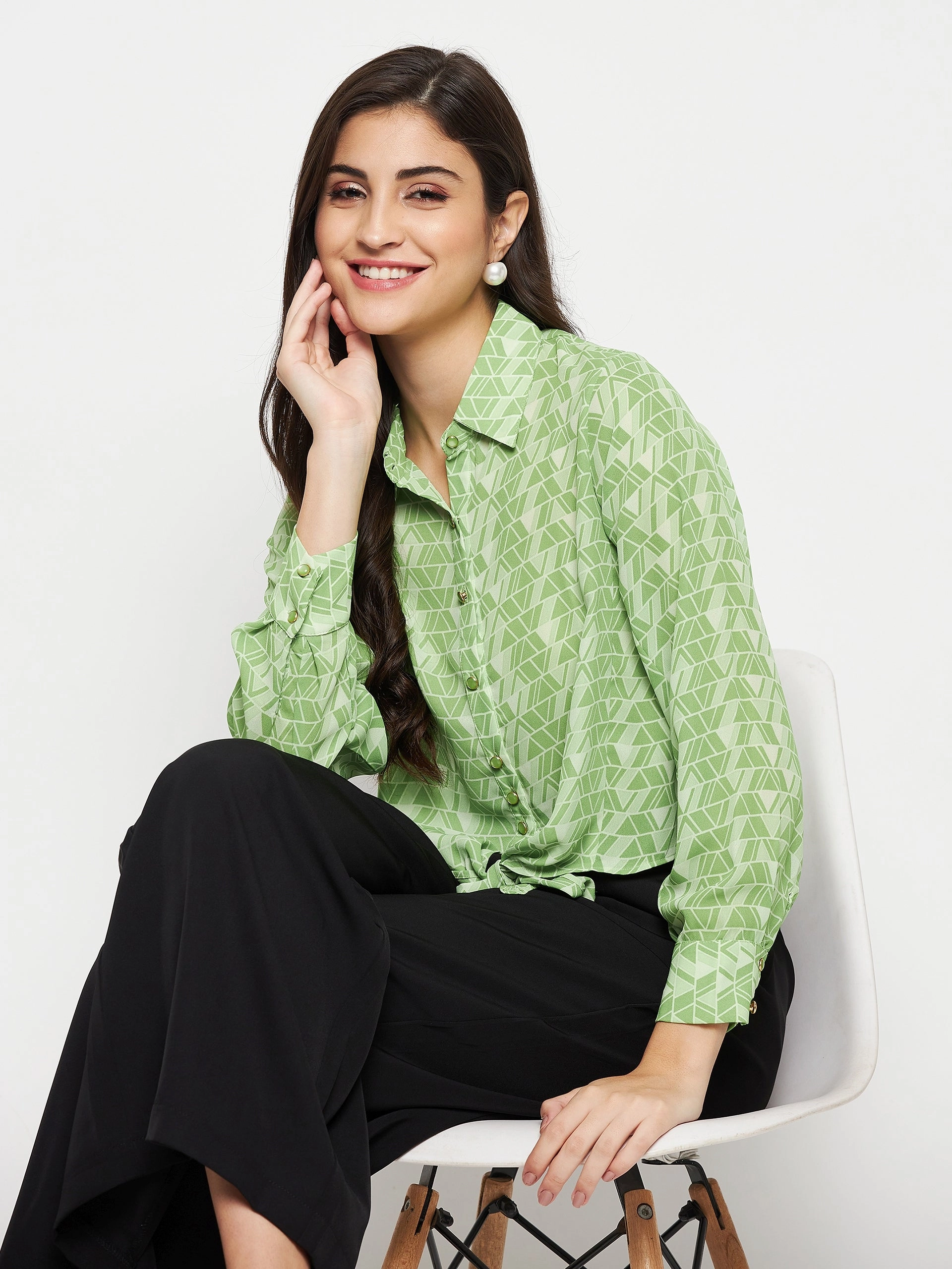Madame Geometric Print Tie Front Green Shirt Chic Option