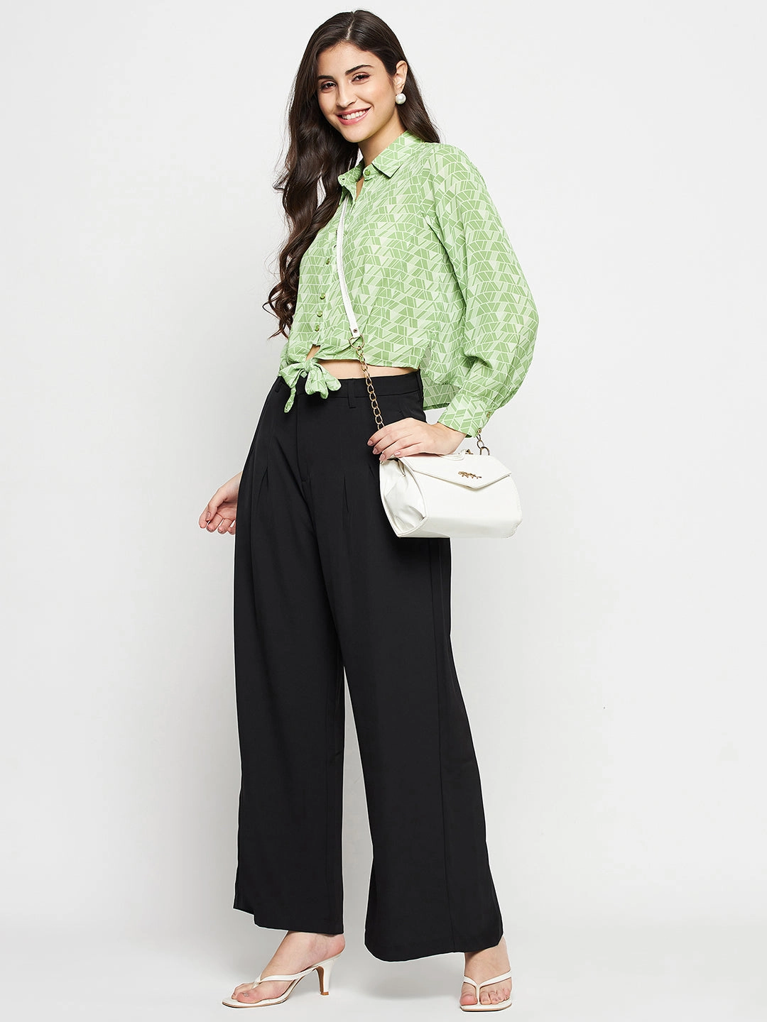 Contemporary Design Madame Geometric Print Tie Front Green Shirt