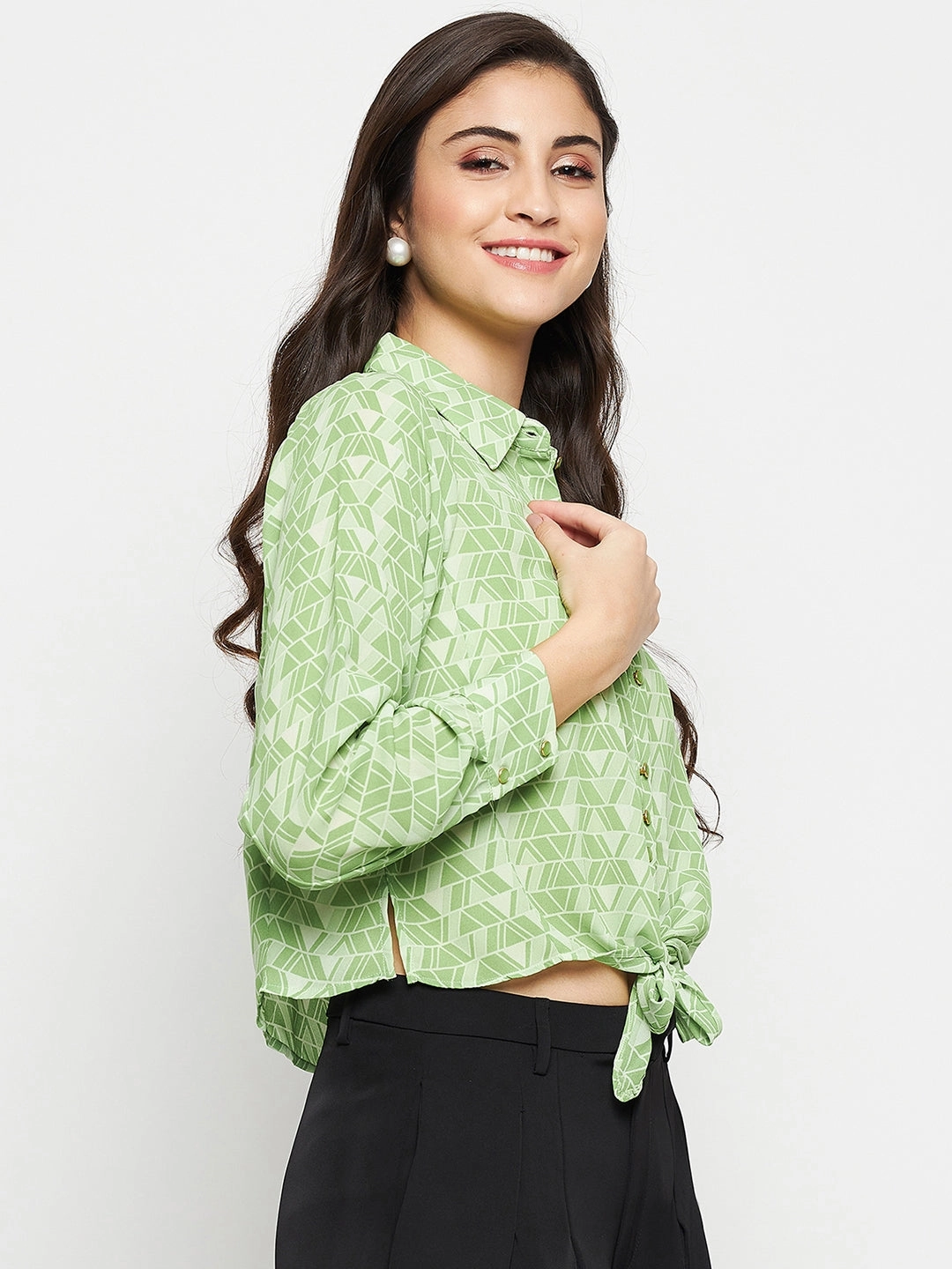 Madame Geometric Print Tie Front Green Shirt Essential Fit