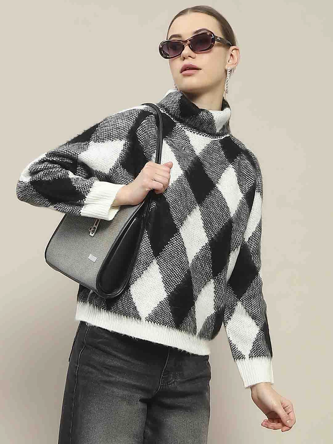 Madame Geometric Print Turtleneck Black Sweater Moisture Wicking Fabric