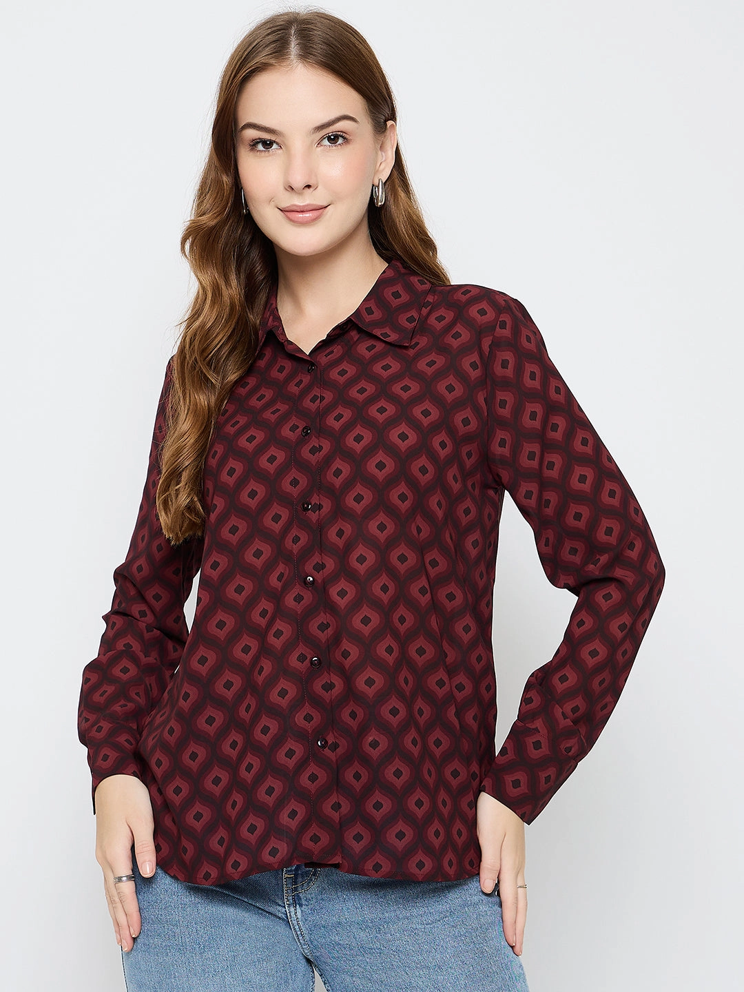 Holiday Gift Checkered Look Madame Geometric Print Wine Red Shirt
