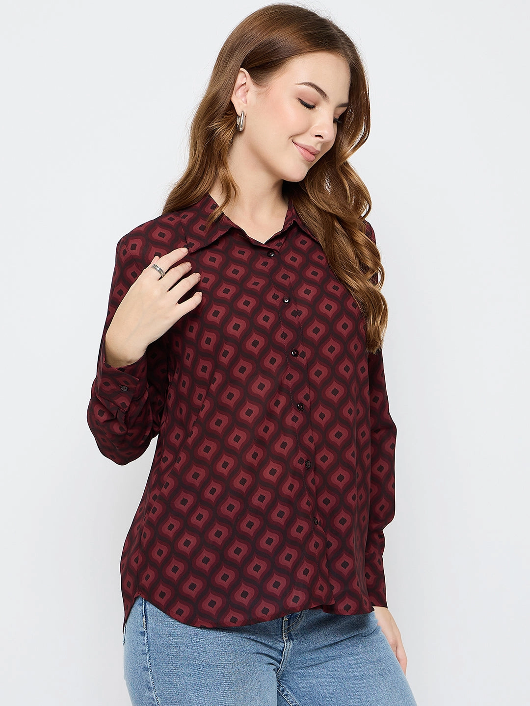 Weekend Vibes Madame Geometric Print Wine Red Shirt