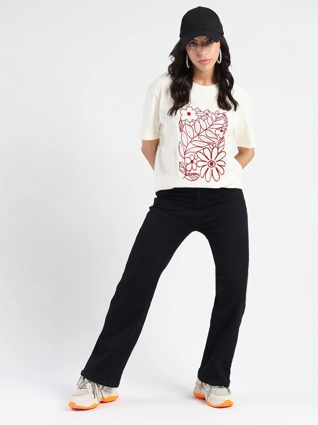 Bold Patterns Reinforced Neckline Madame Graphic Flock Print Off-White Sinker T-shirt