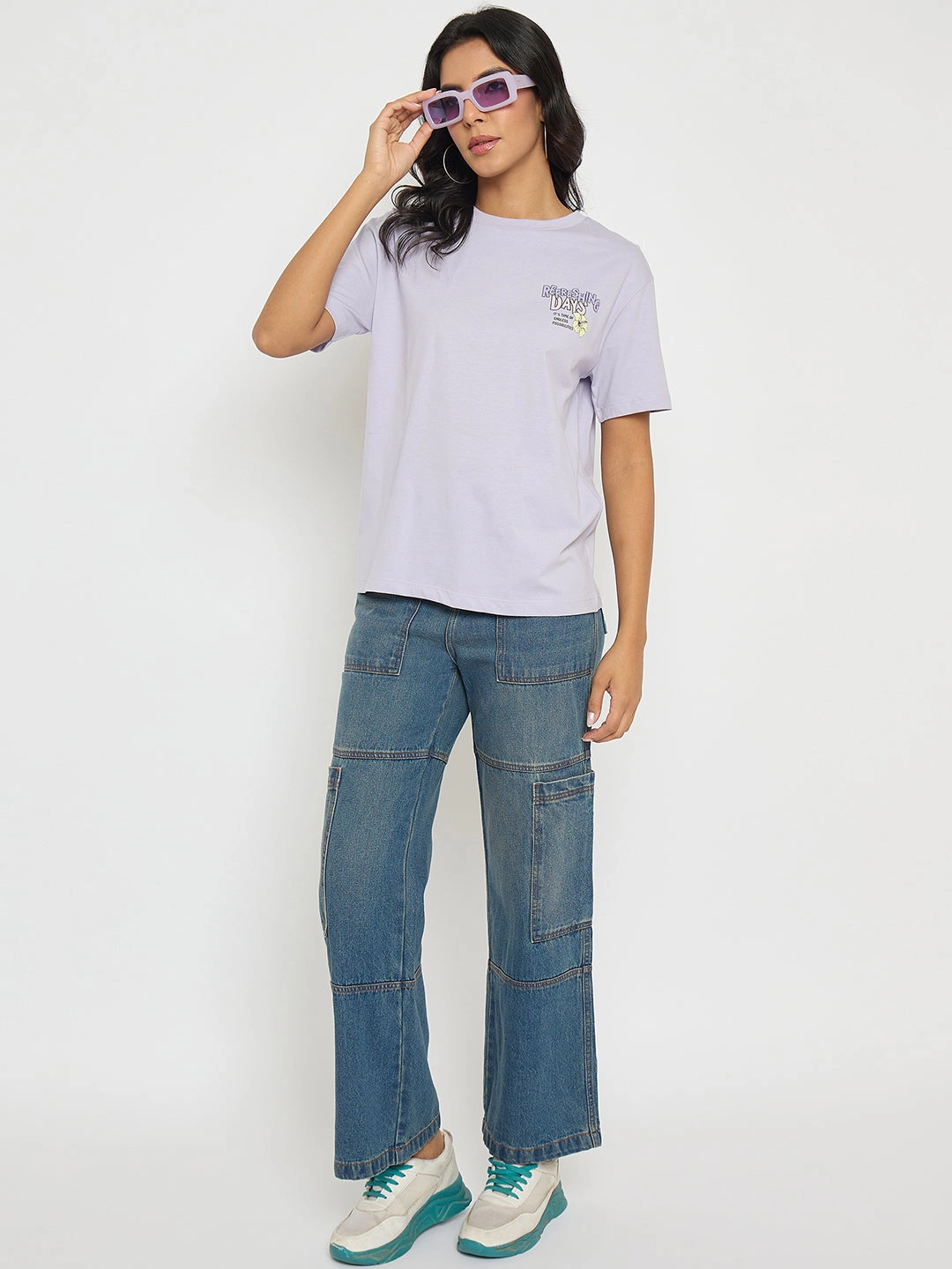 Madame Graphic Print Adorned Lilac Cotton T-shirt QuickDryTech Four Way Stretch Material