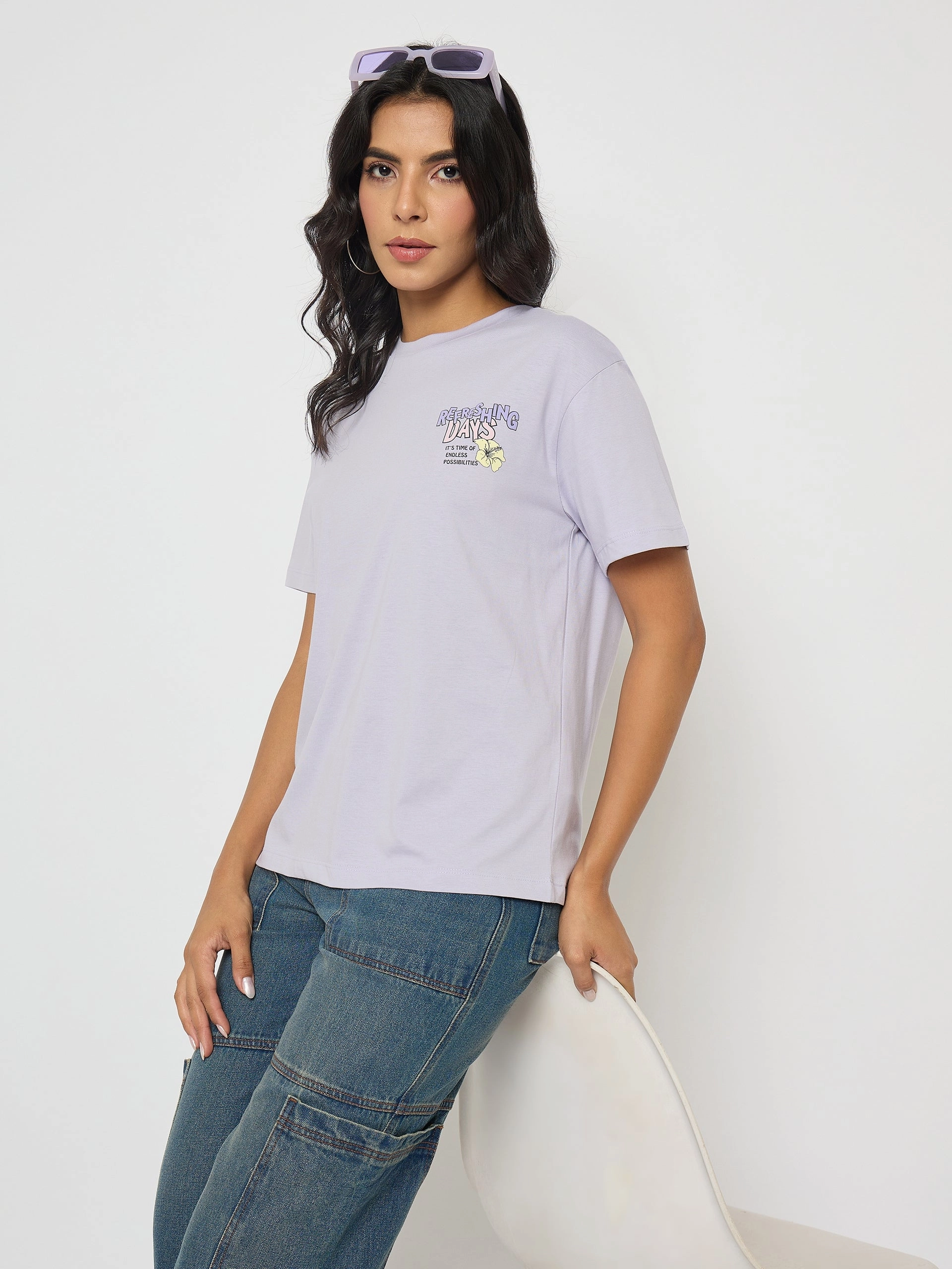 BondedHemline Madame Graphic Print Adorned Lilac Cotton T-shirt