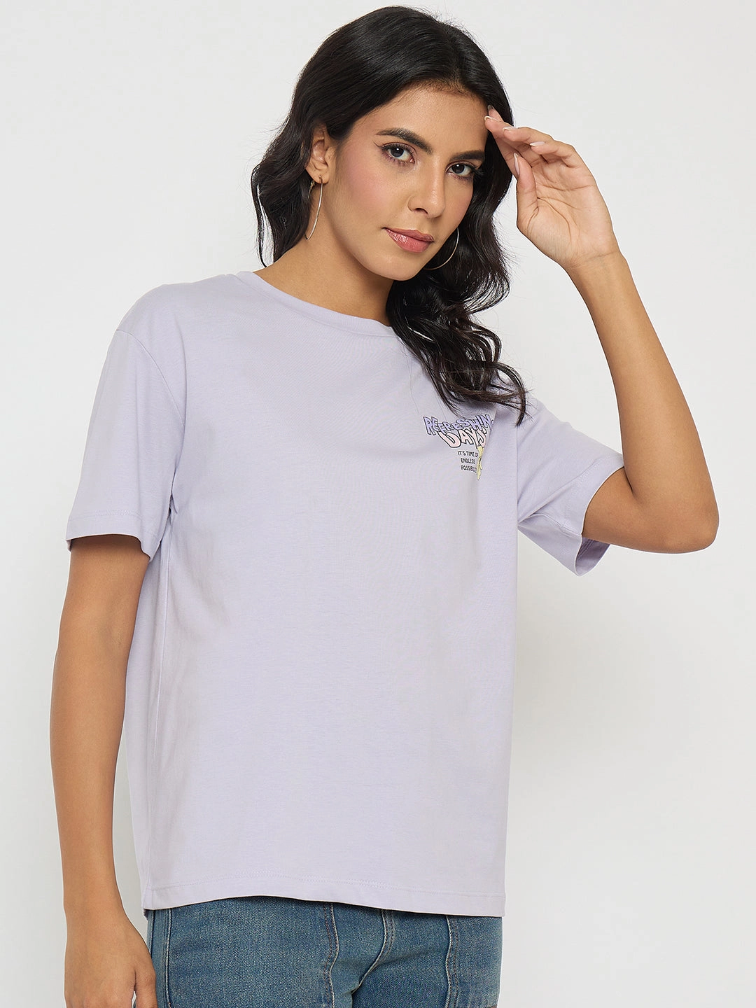 UV protection layer Formal Tank Madame Graphic Print Adorned Lilac Cotton T-shirt