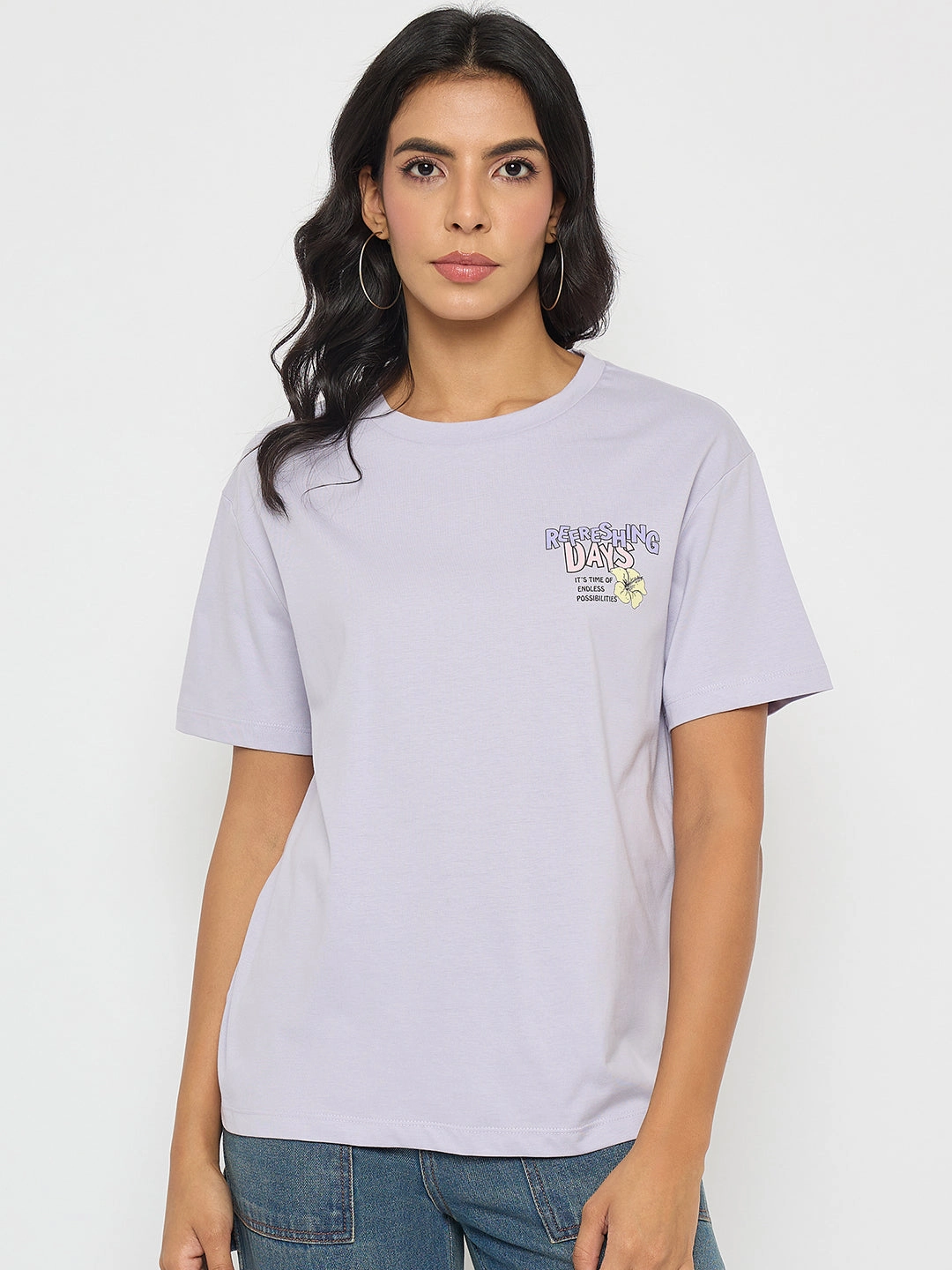 Madame Graphic Print Adorned Lilac Cotton T-shirt Adjustable drawstring