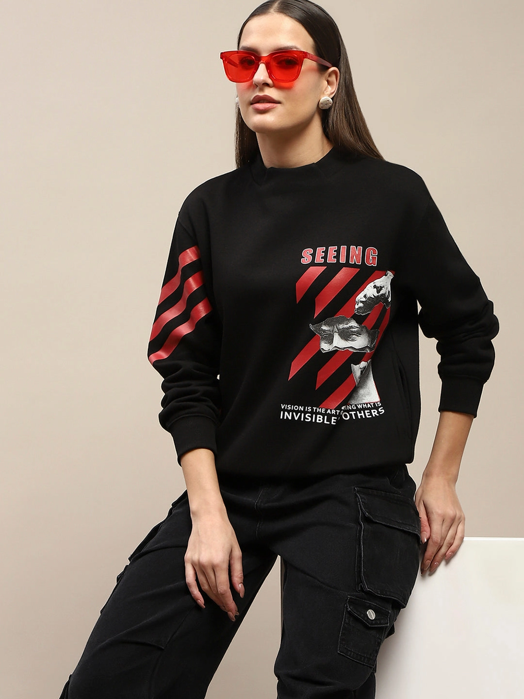 Vintage Style Madame Graphic Print Cotton Blend Black Sweatshirt