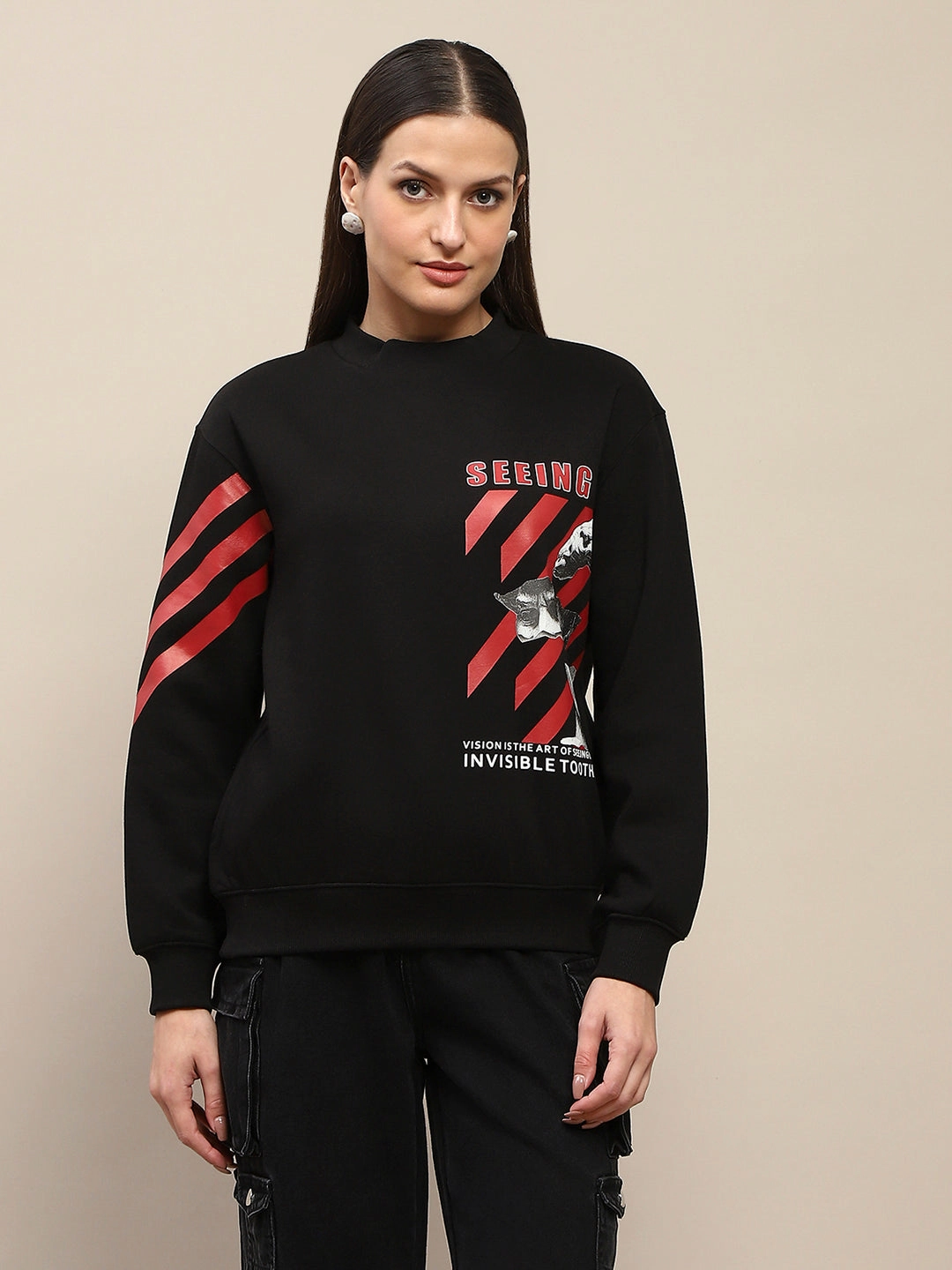 Madame Graphic Print Cotton Blend Black Sweatshirt budget-friendly Petite Cut