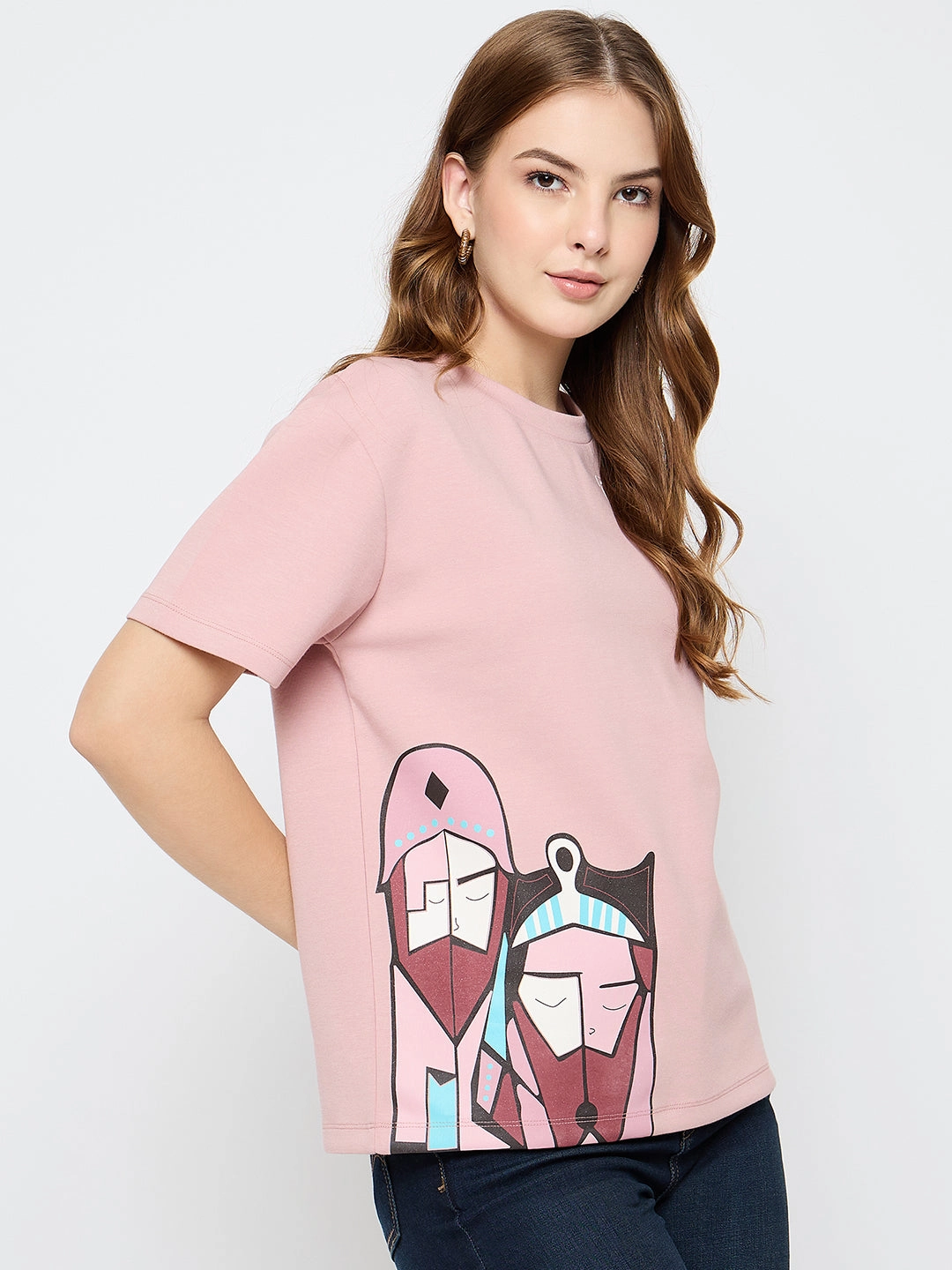 Madame Graphic Print Cotton Blend Pink T-shirt RawHemDetail DurableDoubleLayeredHem