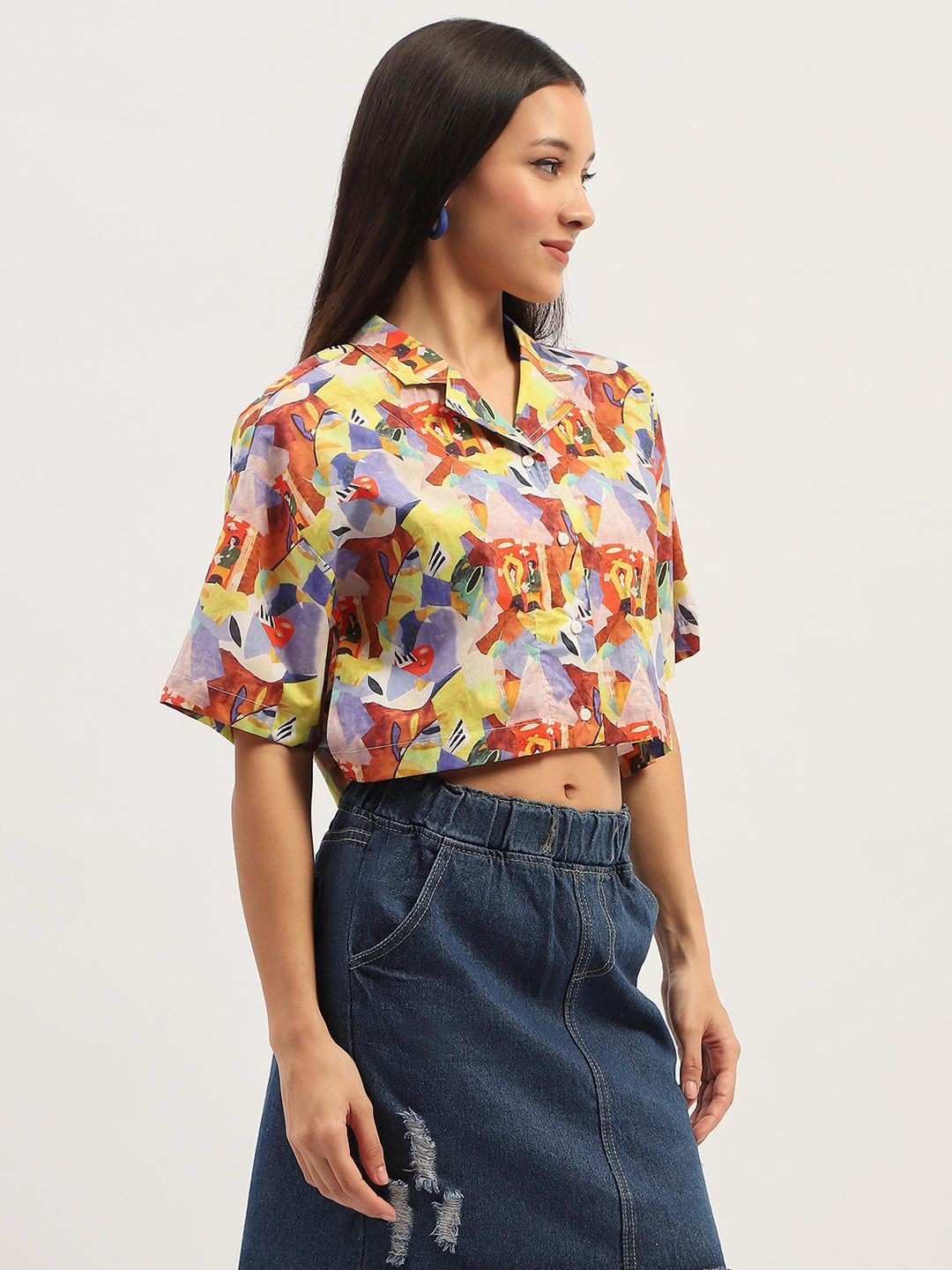 Solid Hue Comfy Look Madame Graphic Print Cotton Purple Cropped Shirt