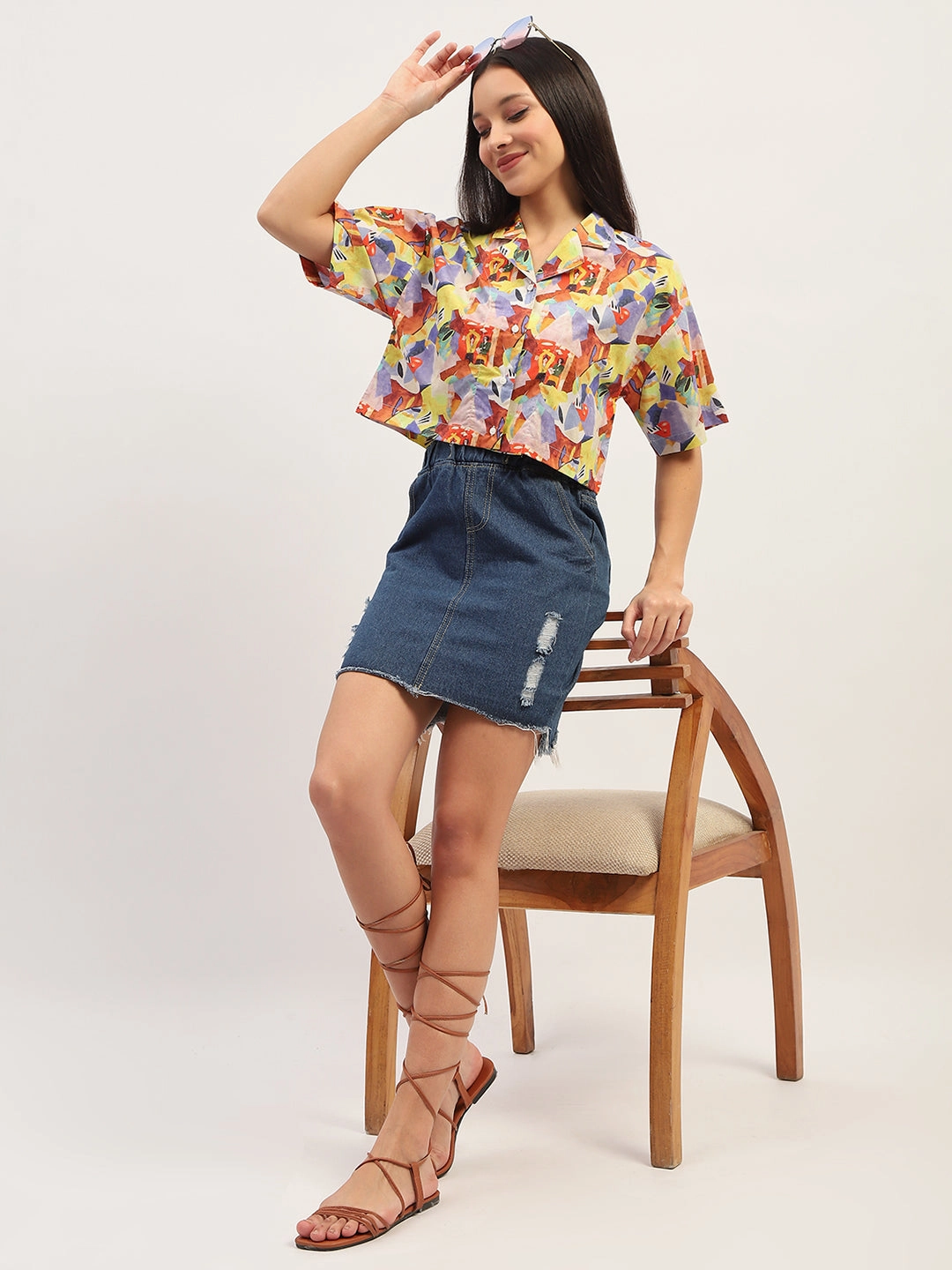 All day wearability Stretchable Material Madame Graphic Print Cotton Purple Cropped Shirt