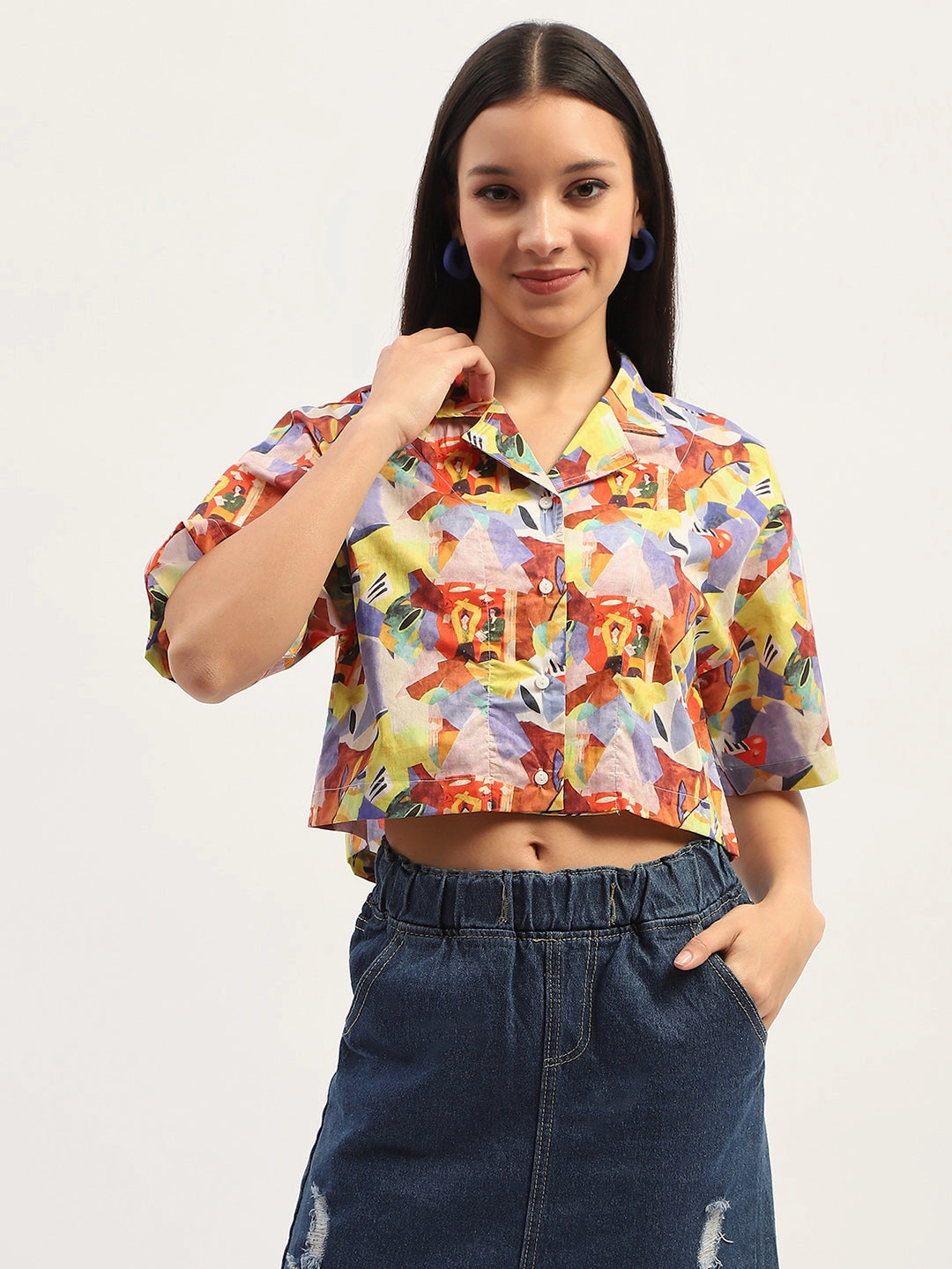 Madame Graphic Print Cotton Purple Cropped Shirt Non Irritating Seams