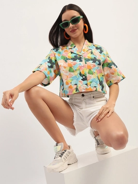 Madame Graphic Print Cotton Sky Blue Cropped Shirt Comfortable Wear