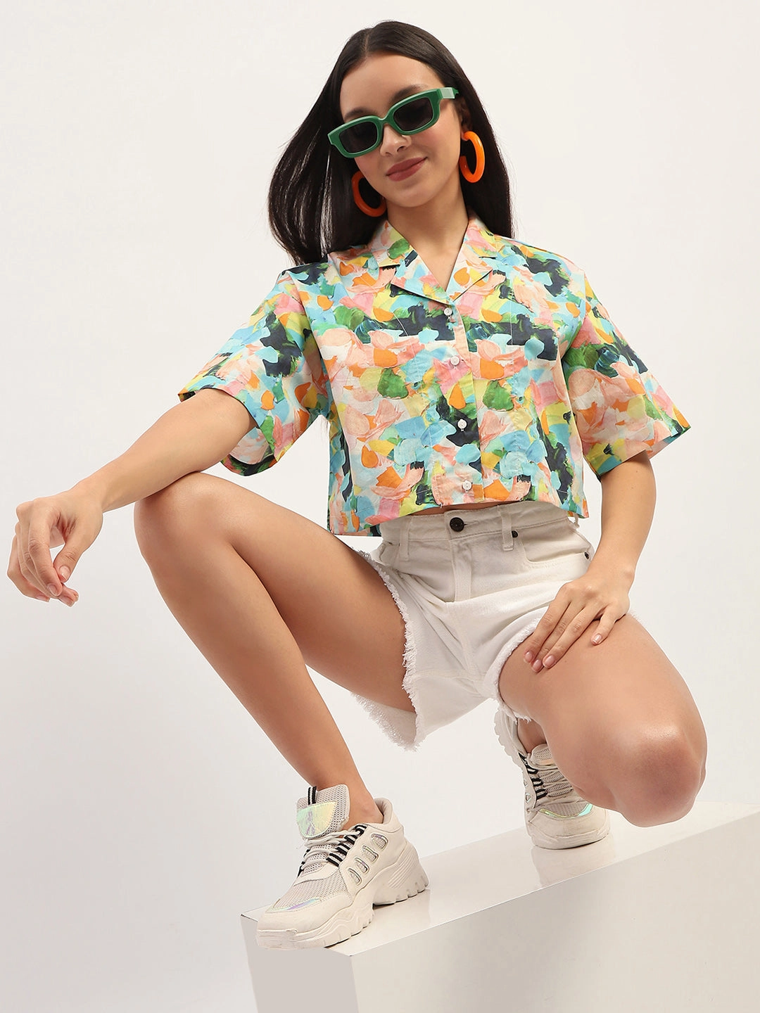 Madame Graphic Print Cotton Sky Blue Cropped Shirt Comfortable Wear