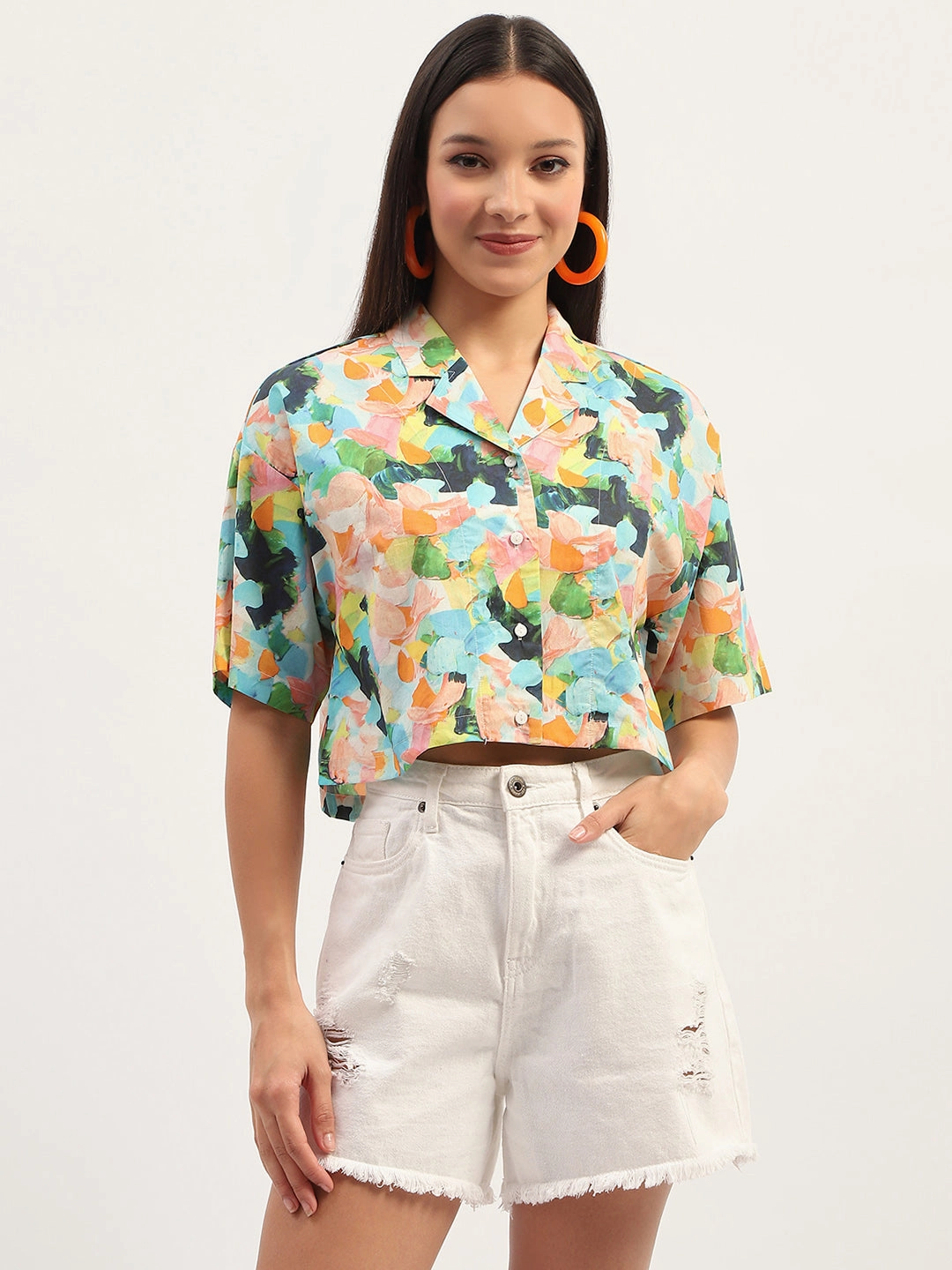 Madame Graphic Print Cotton Sky Blue Cropped Shirt Sustainable Manufacturing Process