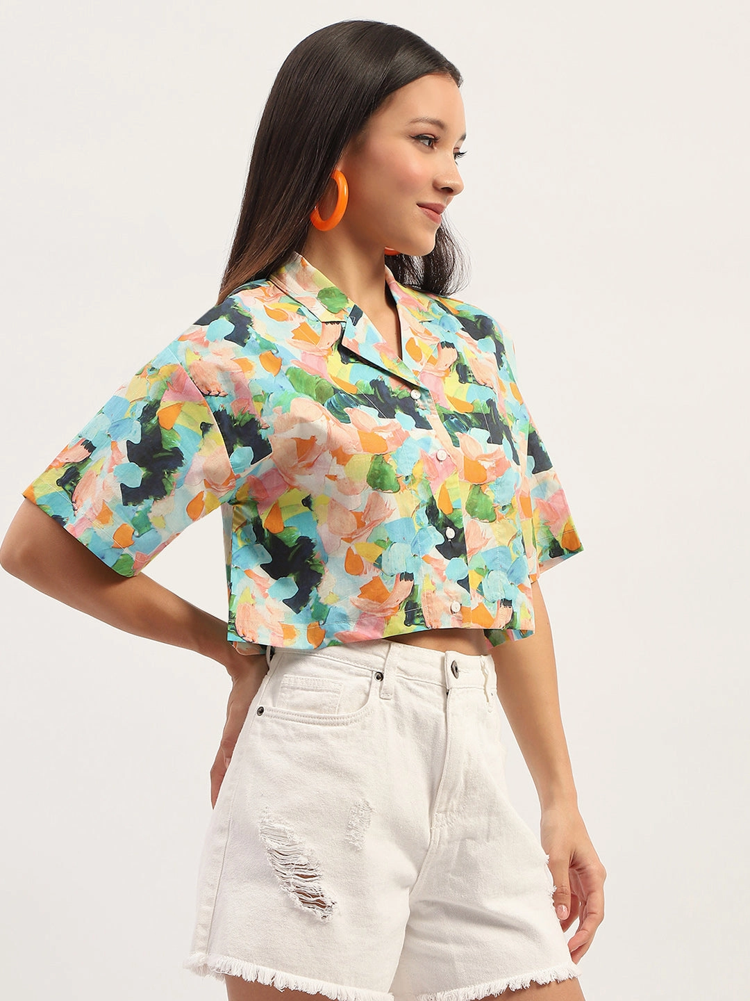 Madame Graphic Print Cotton Sky Blue Cropped Shirt Workwear Ready Comfort Wear