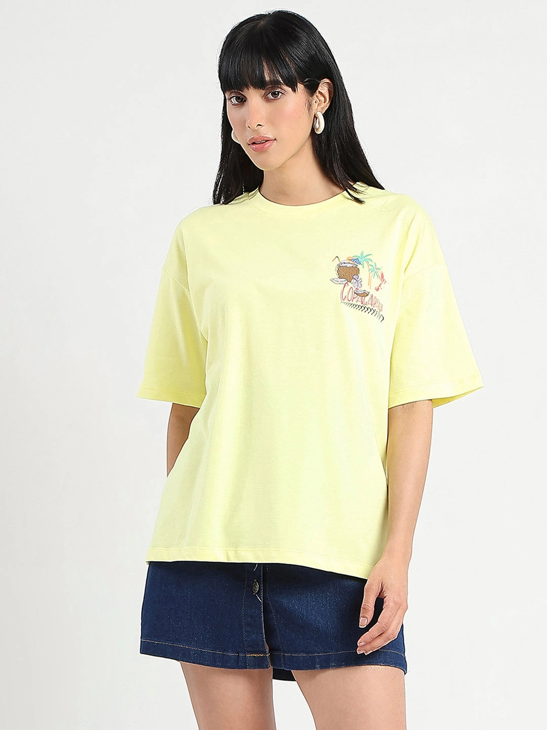 Madame Graphic Print Detailed Yellow Cotton T-shirt Eco Friendly Blend Summer Blouse
