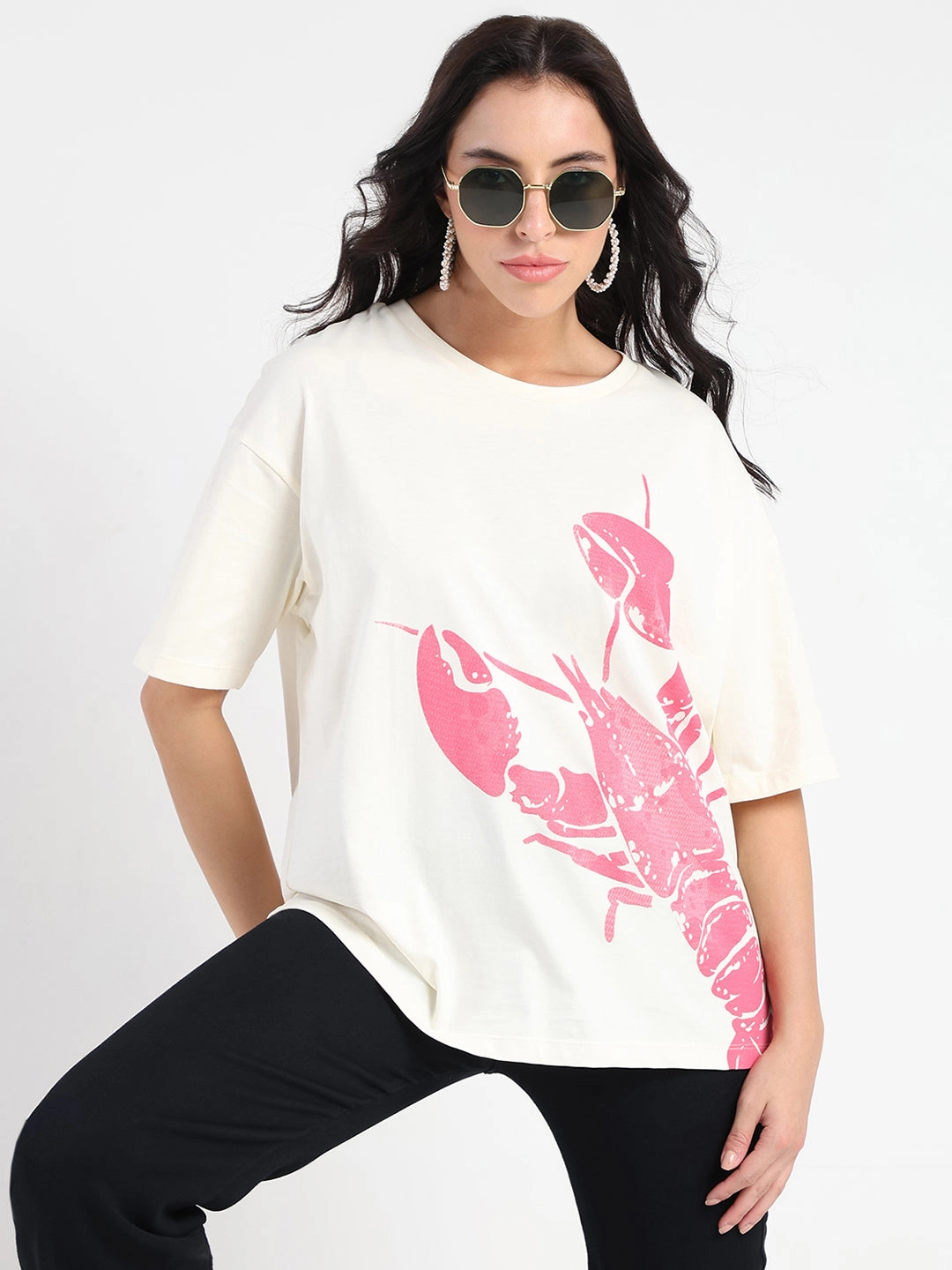 Madame Graphic Print Half Sleeve Off White Cotton T-shirt Roll Up Sleeve System