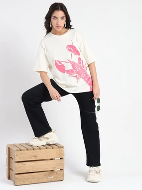 Flatlock Seam All-Purpose Wear Madame Graphic Print Half Sleeve Off White Cotton T-shirt