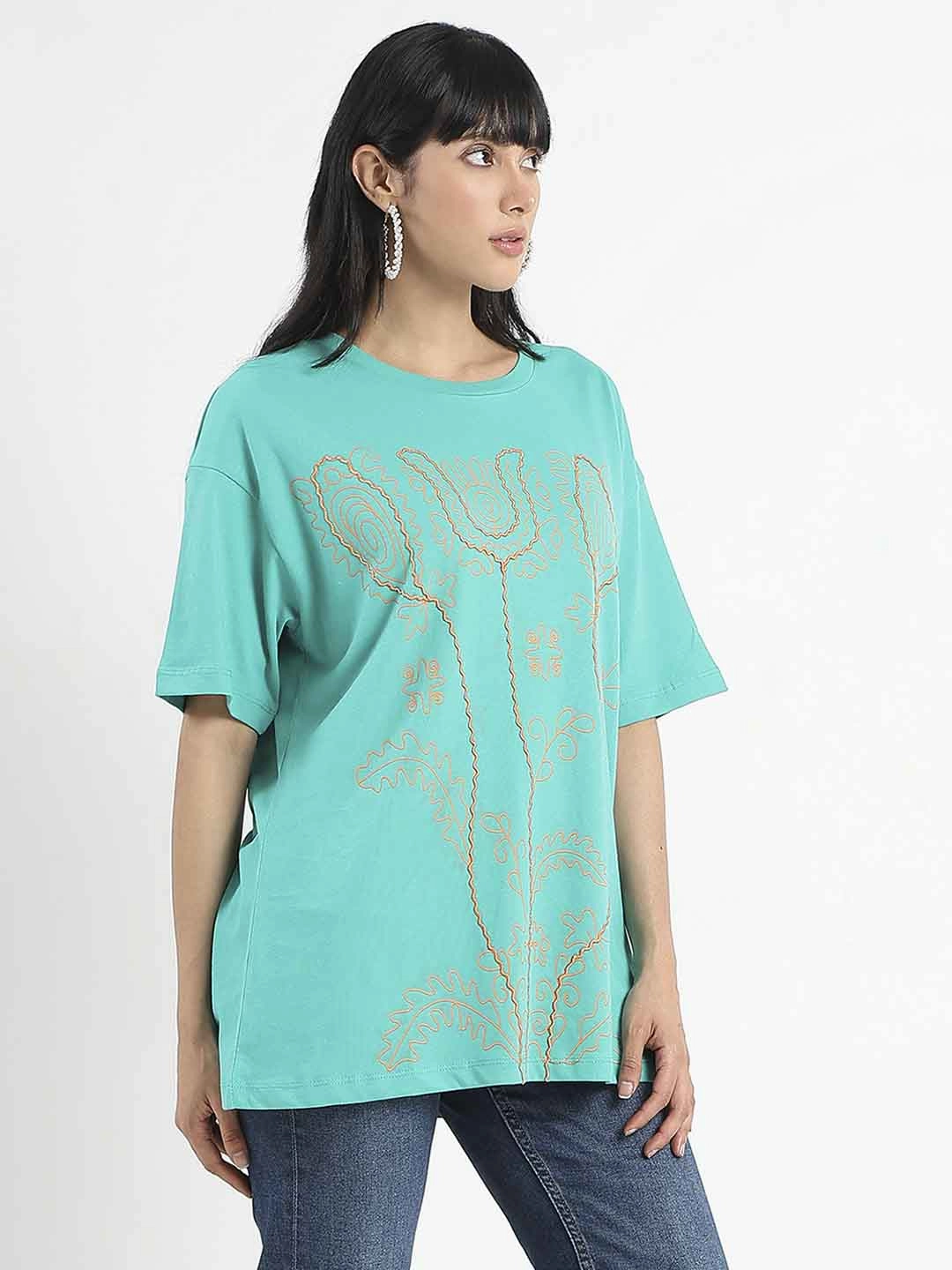 Madame Graphic Print Half Sleeve Peacock Green Cotton T-Shirt Compact Weave Fabric