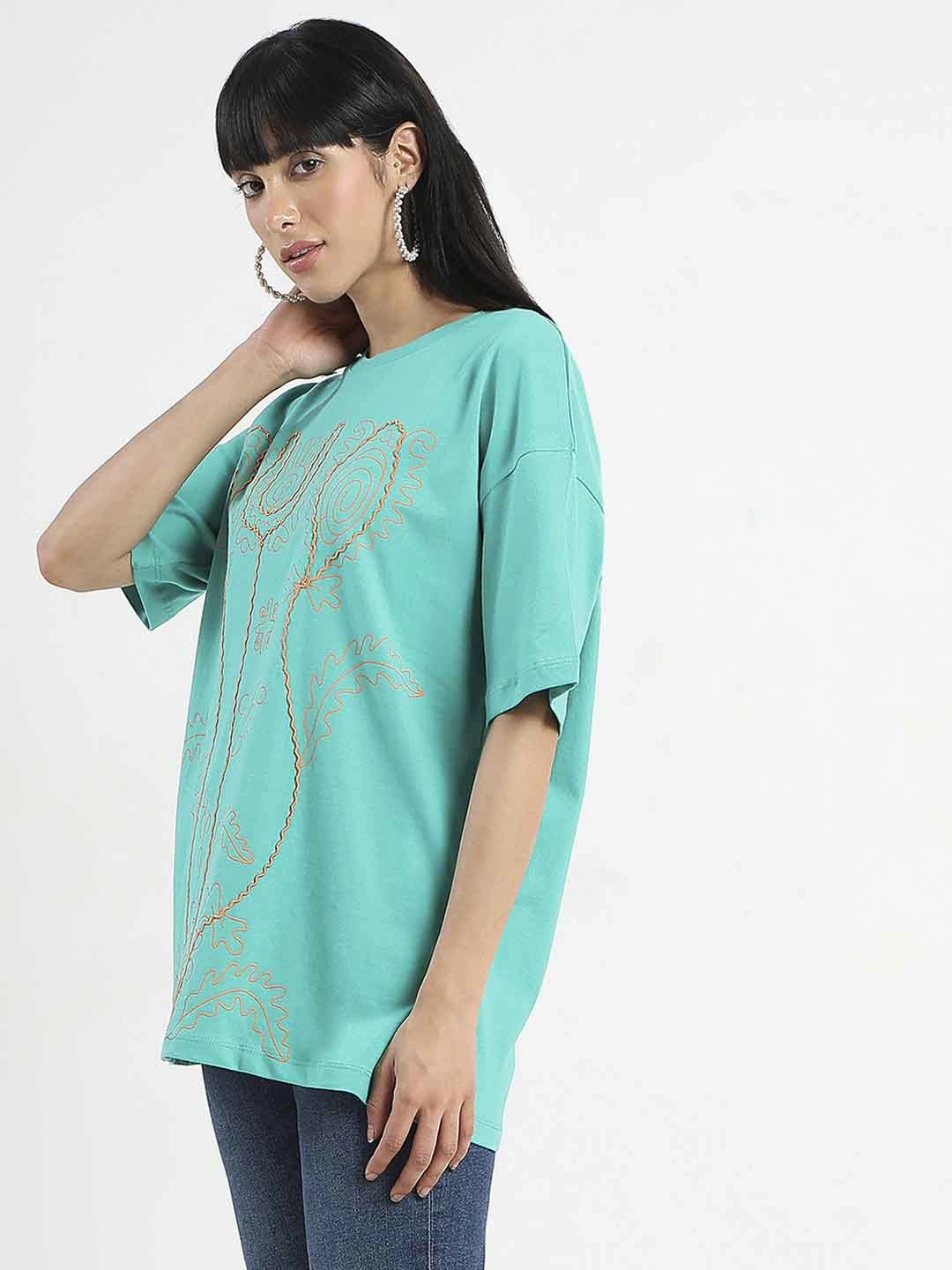 Madame Graphic Print Half Sleeve Peacock Green Cotton T-Shirt Printed T-shirt