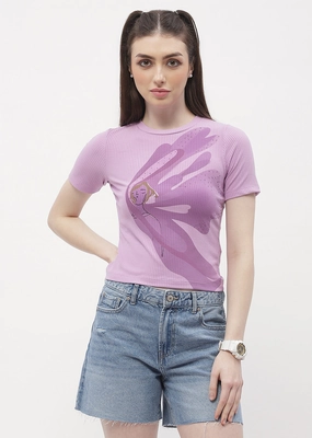 Madame Graphic Print Lilac Ribbed T-Shirt Hidden Storage Pockets Non Restrictive Mobility