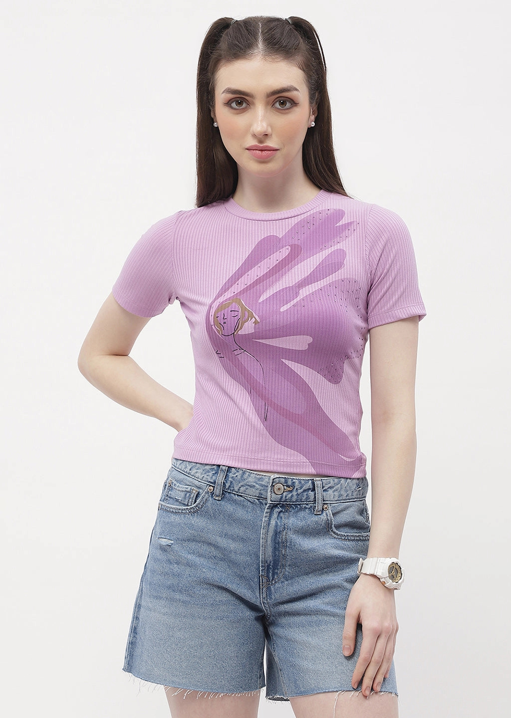 Madame Graphic Print Lilac Ribbed T-Shirt Hidden Storage Pockets Non Restrictive Mobility