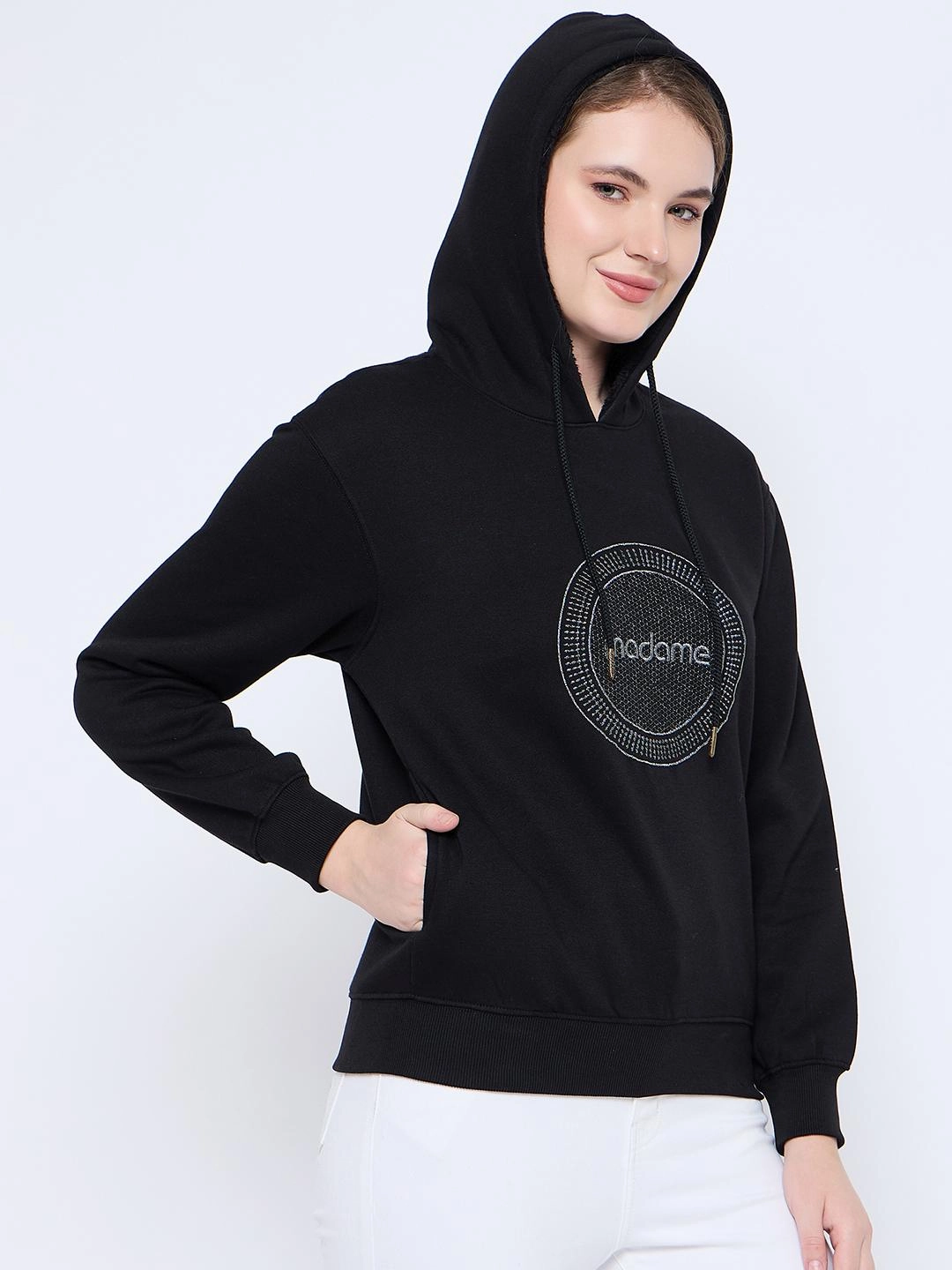 Madame Graphic Print Loose Fit Black Hooded Sweatshirt Functional Features Sporty Wearable