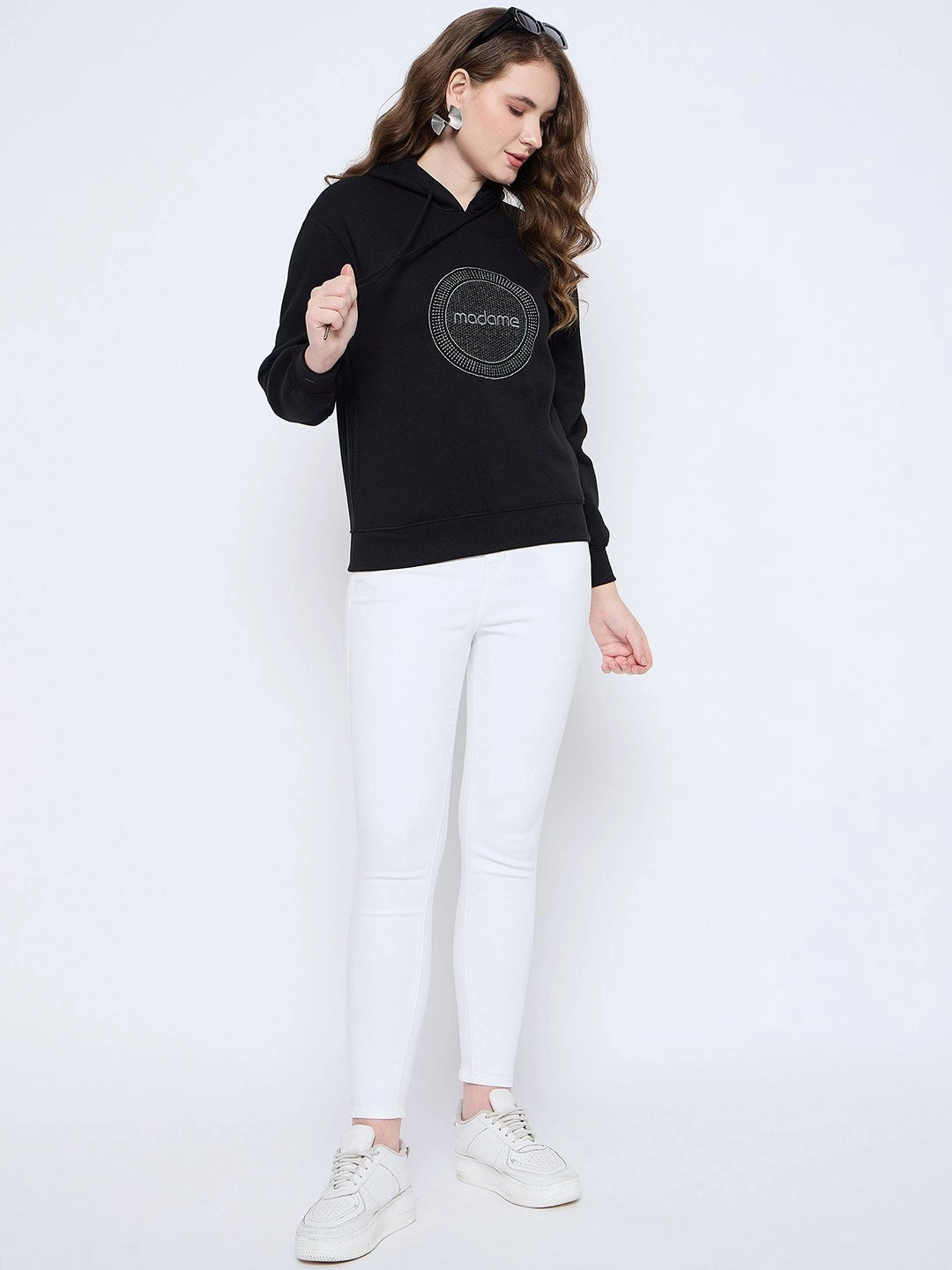 Cozy pieces Madame Graphic Print Loose Fit Black Hooded Sweatshirt