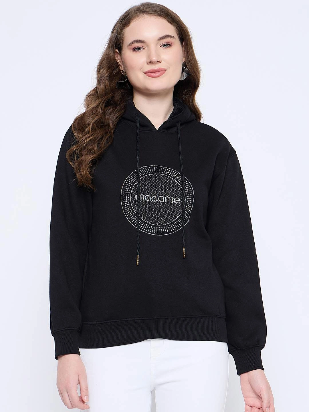 Madame Graphic Print Loose Fit Black Hooded Sweatshirt Gym Wear Cool Weather