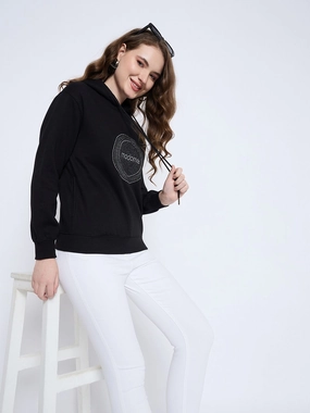 Madame Graphic Print Loose Fit Black Hooded Sweatshirt Modern Relaxed