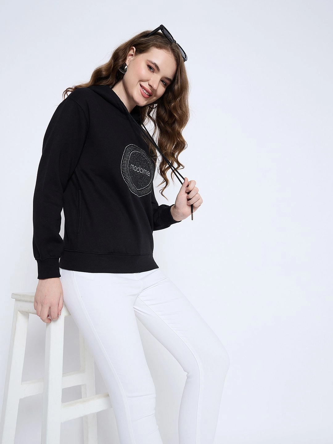 Madame Graphic Print Loose Fit Black Hooded Sweatshirt Modern Relaxed