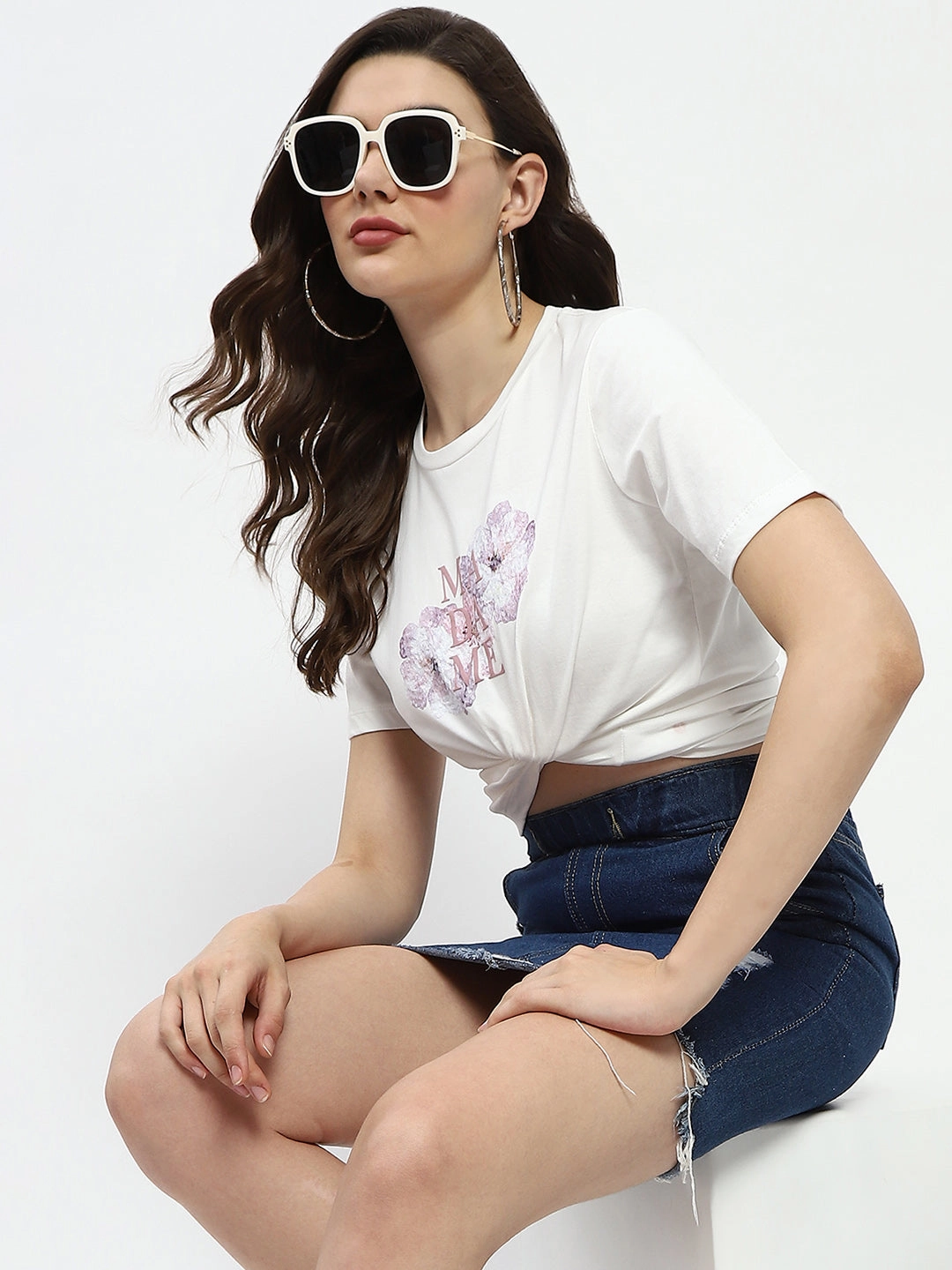 Madame Graphic Print White Cotton T-Shirt Casual Pullover UV Protective Coating