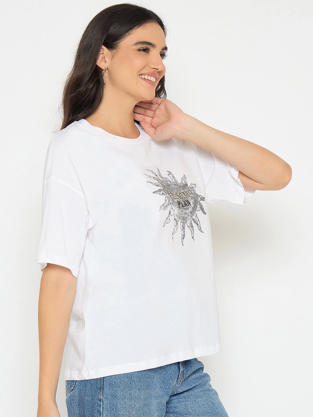 Madame Graphic Print White Cotton T-shirt NonPill Surface Treatment