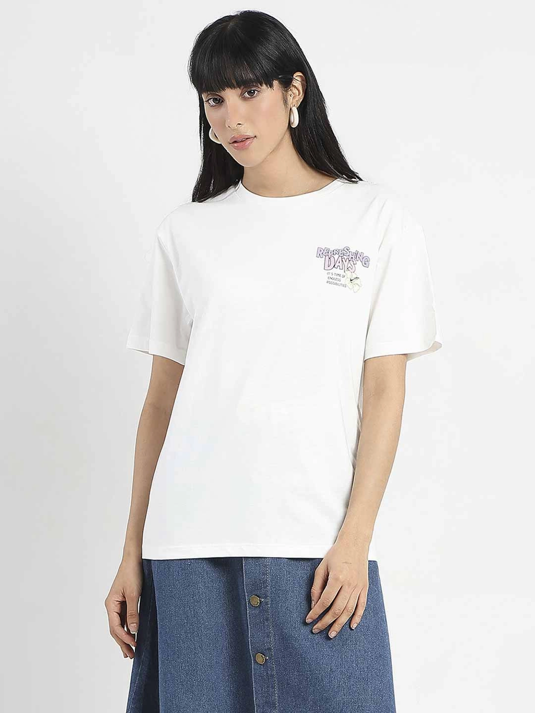 SoftKnit Madame Graphic Printed Round Neck White Sinker T-Shirt