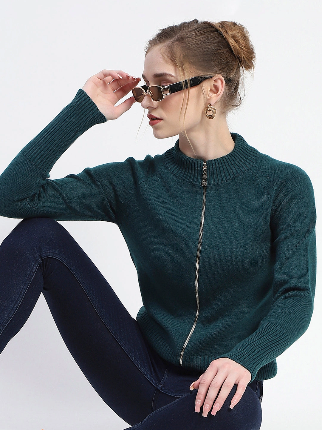 Madame Green Full-Zip Knit Sweater Knitwear Comfort