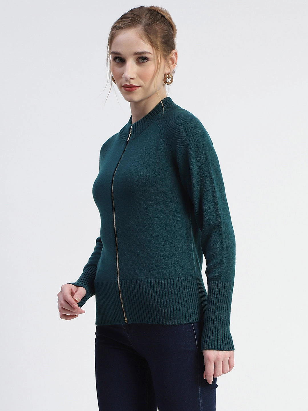 Cozy Fashion Madame Green Full-Zip Knit Sweater