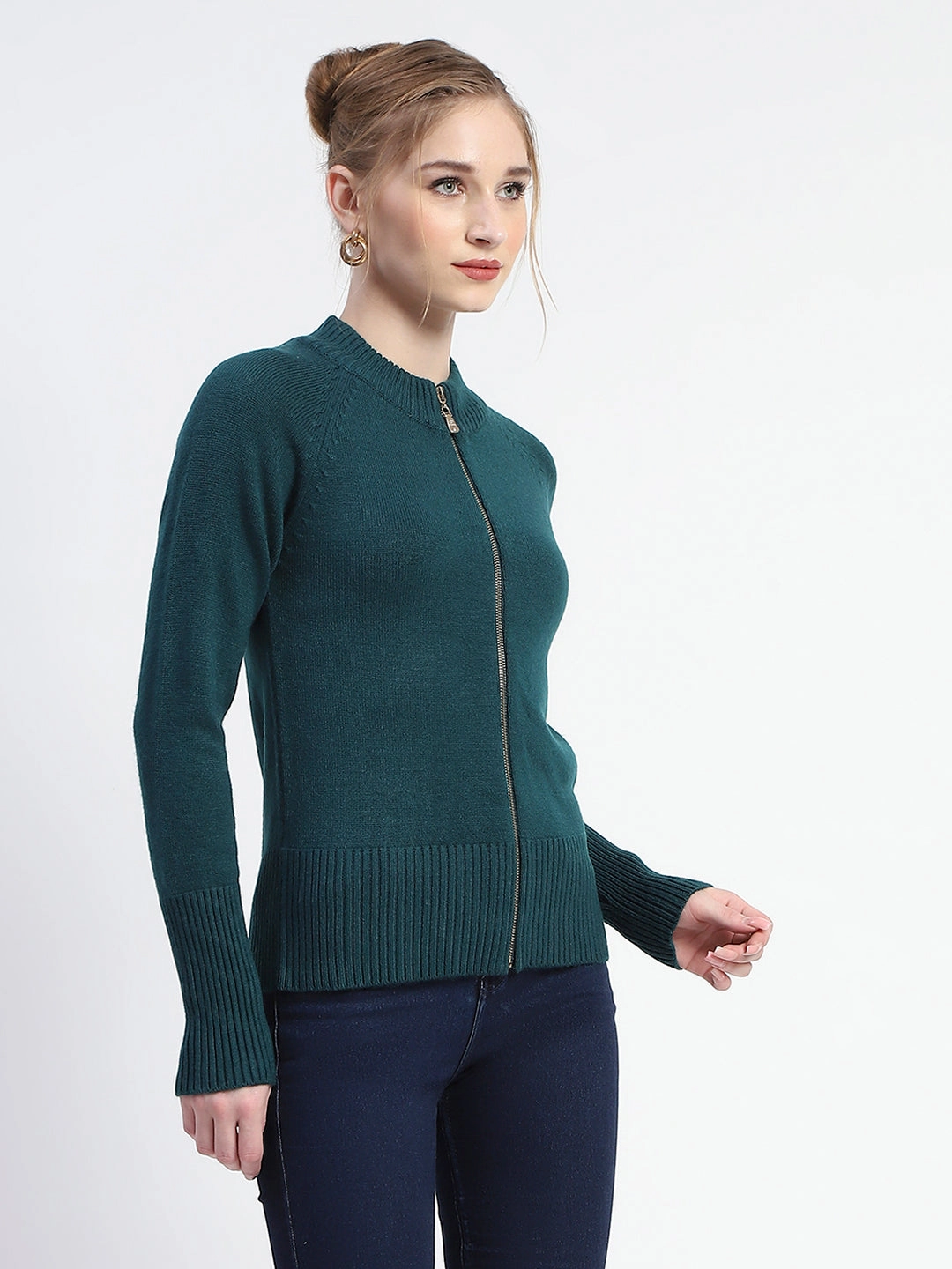 Oversized Fit Madame Green Full-Zip Knit Sweater