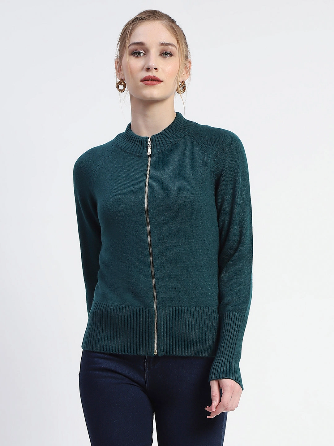 Madame Green Full-Zip Knit Sweater Slim Fit Design Breathable Waist