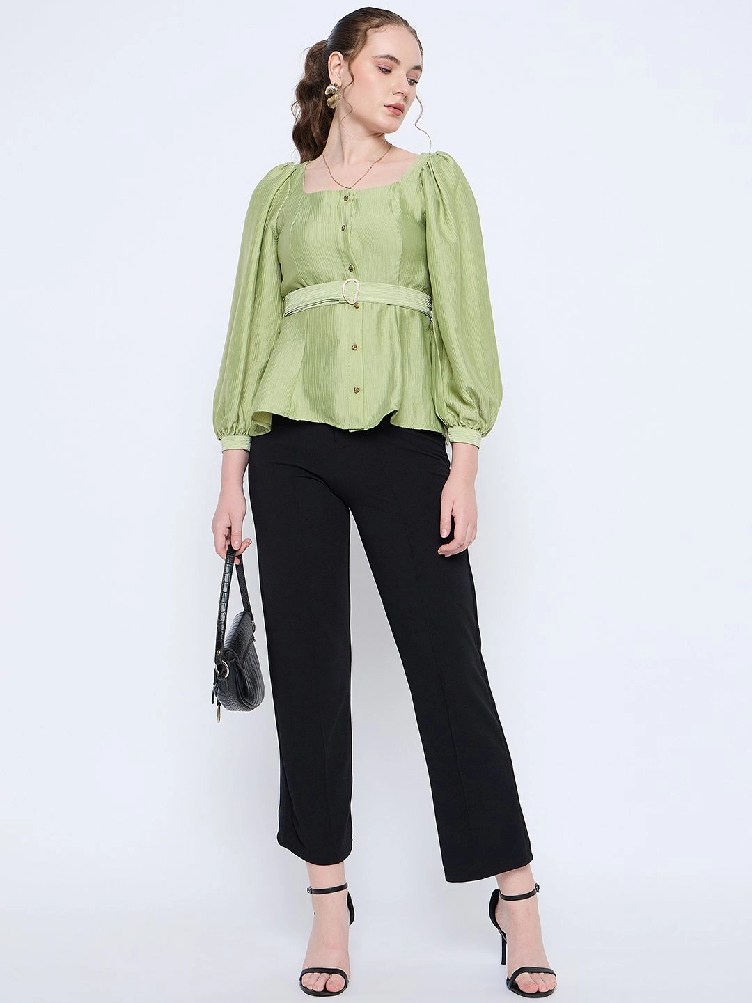 Ventilated Mesh Panels Ribbed Hem Madame Green Rayon Blend Square Neck Belted Button Front Top
