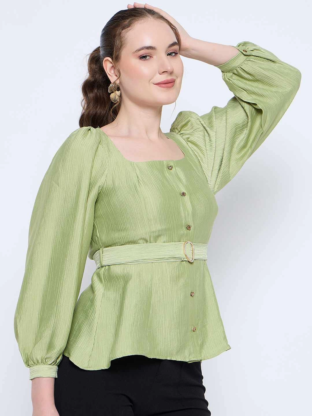 NonToxicCoating SoftTouchBrushedInterior Madame Green Rayon Blend Square Neck Belted Button Front Top