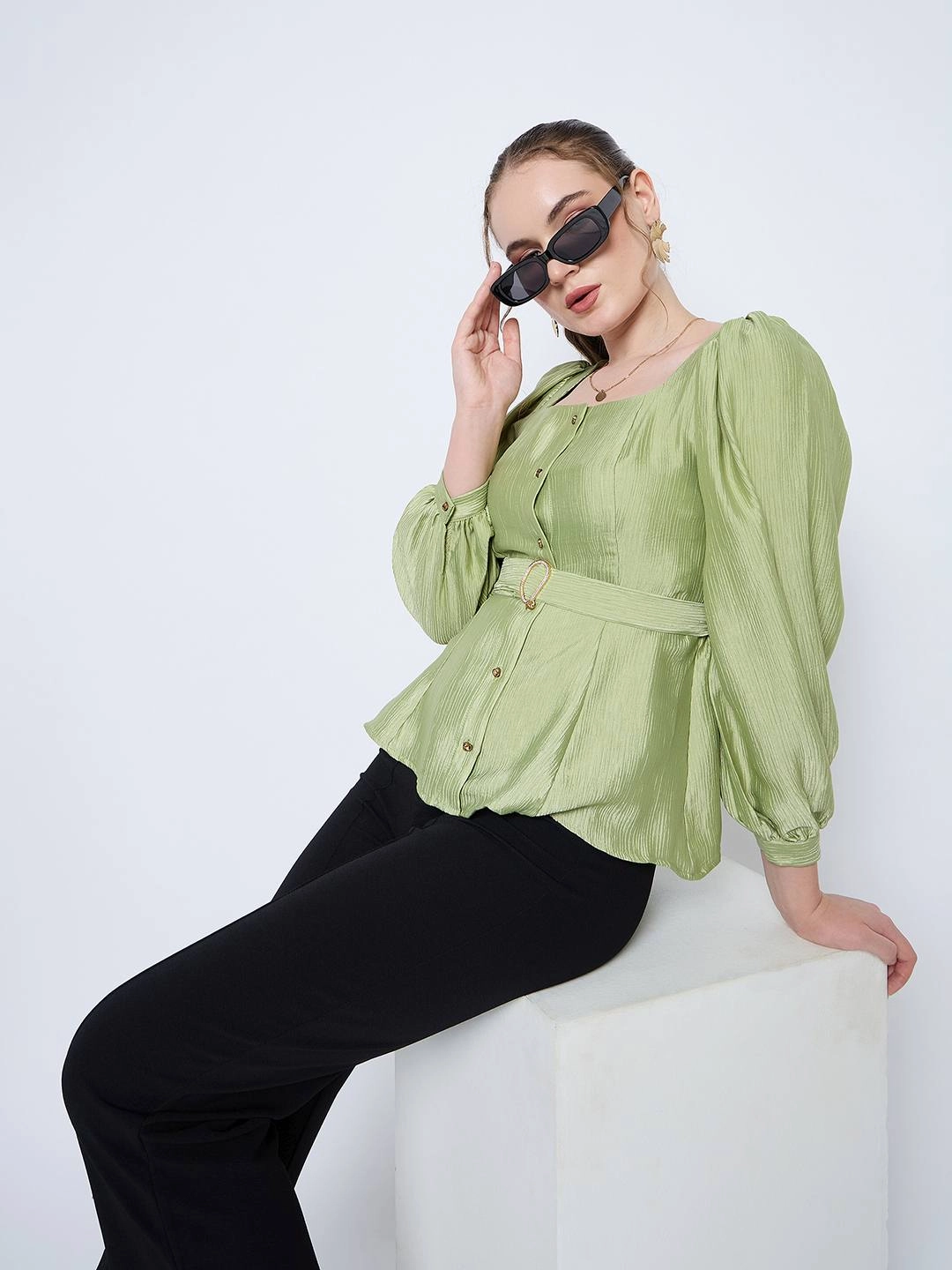 TumbleDryFriendlyMaterial Madame Green Rayon Blend Square Neck Belted Button Front Top