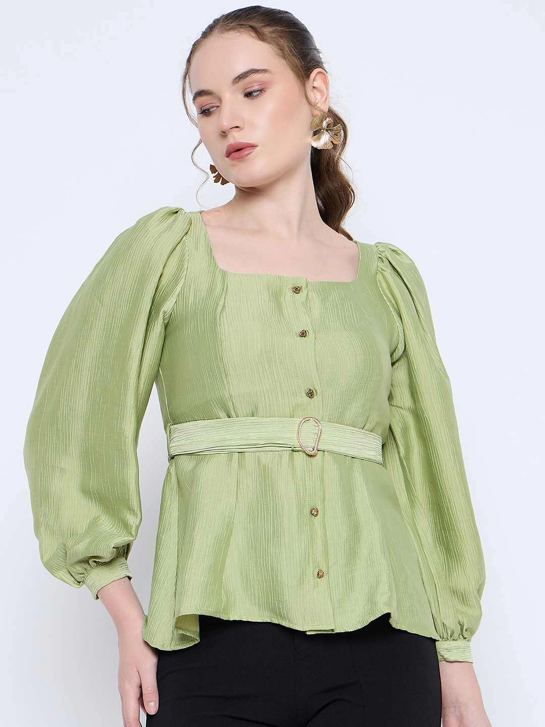 Circular Knit Technology Madame Green Rayon Blend Square Neck Belted Button Front Top