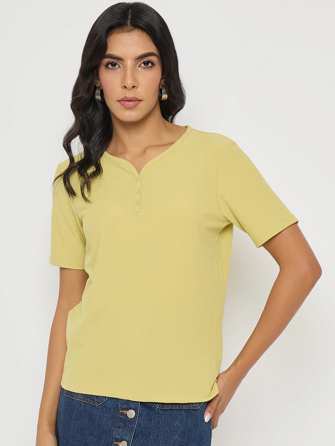 Madame Henley Neck Solid Mustard Yellow T-Shirt Bound Seam Finish Non Irritating Label