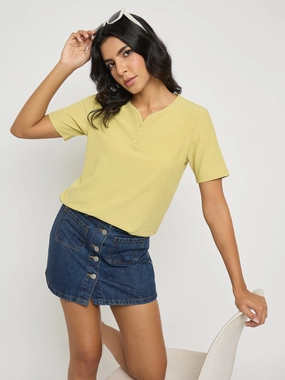 MidweightKnit Madame Henley Neck Solid Mustard Yellow T-Shirt
